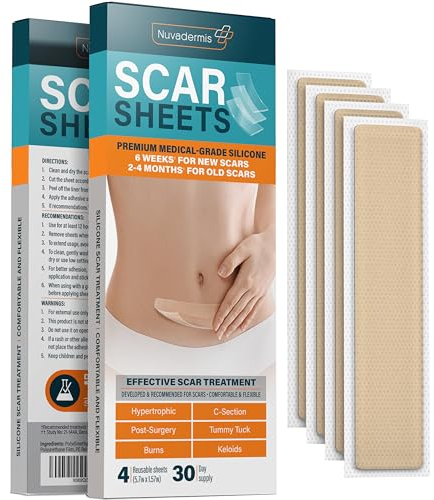 NUVADERMIS Silikonpflaster für Narben–Narbenpflege nach Kaiserschnitt, Bauchdeckenstraffung, Keloide und Operationsnarben–Wiederverwendbare, Extralange, Medizinische Narbenpflaster–4er-Pack–14.5x4 cm