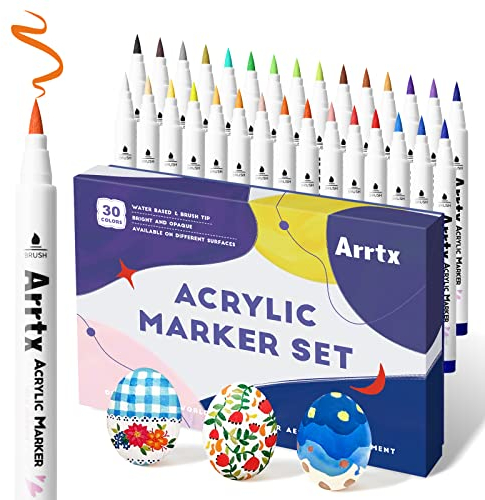 Arrtx Acrylstifte für Steine Bemalen, 30 Farben Wasserfeste Acrylstifte Marker Pinselspitze, Schnelltrocknender Acrylfarben Stifte für Osterei, Steine, Keramik, Glas, Holz, Leinwand, DIY Fotoalbum