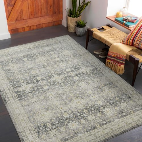 Carvapet Läufer Teppich 90x150cm rutschfest Lang Küchenteppich Weiche Mikrofaser Waschbar Teppichläufer Blumendruck Flächenteppich Laufteppich(Grau)