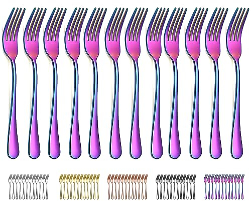 Evanda Rainbow Dinner Fork 12 Pieces 20.5cm, Rainbow Titanium Plating Stainless Steel Table Forks, Mirror Polish and Smooth Edge Easy to Clean, Dishwasher Safe