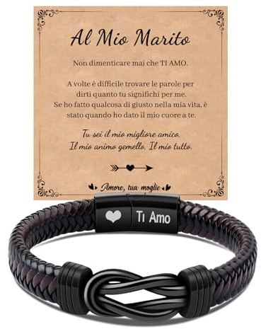 Cheerslife Regali San Valentino per lui Regalo Uomo Bracciale Uomo Bracciale in Pelle - Infinito Nodo In Acciaio Inossidabile Con Incisione Ti Amo Per Marito Uomo Regalo compleanno Anniversario