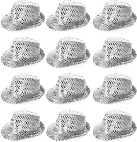 Silver Sequin Trilby Hat - Pack of 12 - Silver Sequin Fedora Hat 1920s Gangster Accessories - Adults Dance Show Party Fancy Dress Accessory