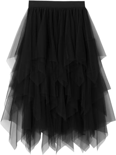 Gonna lunga da donna in tulle, elasticizzata, in tulle, irregolare, sottogonna a pieghe, Nero , M