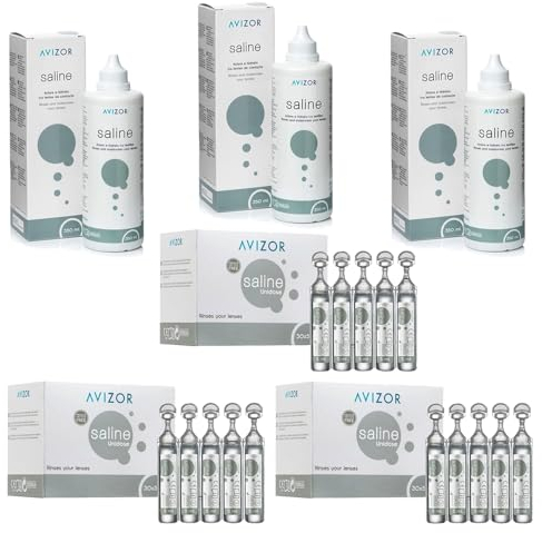 Avizor Saline - Mega Pack Économique - 3 flacons de 350ml + 3 boîtes de 30x5ml - Solution saline pour rincer, hydrater et entretenir vos lentilles de contact