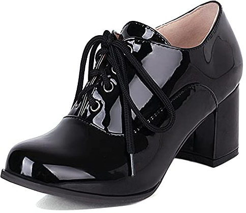 Gicoiz Cuir Verni Oxford Femmes Talons Chunkys Formal Travail Chaussures Lacets Bureau Classique Bout Rond Derby Escarpin Mode Noir Taille 40 EU-41Cn