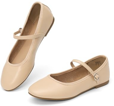 DREAM PAIRS Ballerines Mary Jane Femme Classiques, Chaussures Plates Confortables à Enfiler, Style Élégant et Polyvalent pour Travail et Quotidien,Size 40,Nude-PU,SDFA2441W