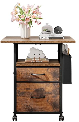 Wooruy 3-Ebenen Beistelltisch mit Rollen，Nachttisch Holz mit 2 Schubladen und Seitentasche, Kleiner Beistelltisch für Schlafzimmer、Büro,Schmaler Sofatisch für Couch oder Couchtisch