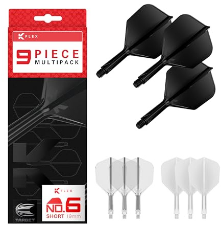 Target Darts K-Flex Integrated Dart Flights And Shafts, Stelo Intermedio (26mm), No.6 Flight, 9-Pack Bundle, Nero, Bianco e Trasparente | Kflex 2 in 1 Flight And STEM, Professional Darts Accessories