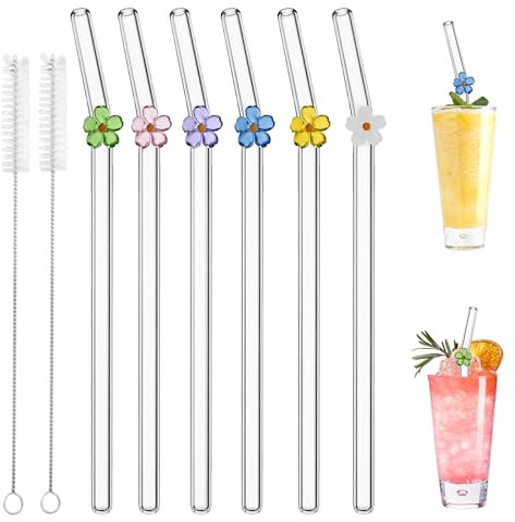 Lot de 6 pailles en verre réutilisables avec brosses de nettoyage pour jus, cocktails, smoothies, café, lait (fleur)