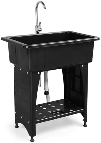 ROVSUN 20-Gallon Black Plastic Utility Sink with Hot & Cold Faucet, 150lbs Load Capacity, Upgraded Height & Version, Use for Laundry Room, Garage, Garden, Basement, 32.3’’L×22.4’’W×36.2’’H