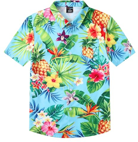 MOMBEBE COSLAND Camicia Hawaiana per Bambini, Manica Corta, Ananas, Fiori, 5-6 Anni(XSmall)