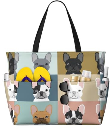 Borsa da spiaggia alla moda Bulldog francese borsa da spiaggia borsa da spiaggia con grandi borse per spiaggia piscina viaggio quotidiano, Nero , Taglia unica
