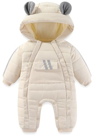JiAmy Baby Snowsuit Baby Bear Hooded Winter Outfit Double Girl Boy Zipper Winter Clothes Romper White 9-12 Months