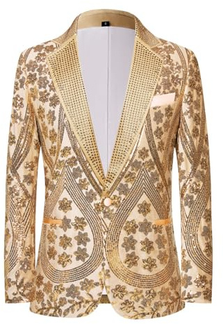 PYJTRL Broderad paljett blommönster blazer jacka med strass hack krage för bröllopsfest bal, Guld, XL