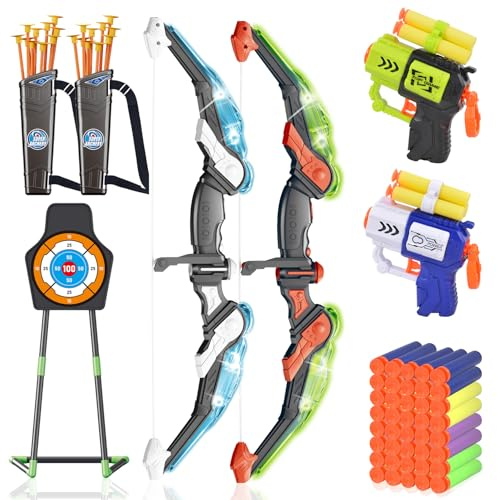 ROSE ME 2 Pack Kids Bow and Arrow Set, LED Archery & Dart Game Set with 20 Suction Cup Arrows for Kids, Indoor/Outdoor Toy Gift for Boys & Girls 5 6 7 8 9 10 11 12 Year Old