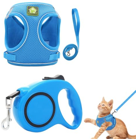 1 Set Pettorina Gatto, Guinzaglio per Gatti Allungabile, Antifuga Pettorina per Gatti in Maglia Traspirante, con Rivestimento Riflettente Guinzaglio per Cuccioli Passeggiate all'aperto (Blu, M)
