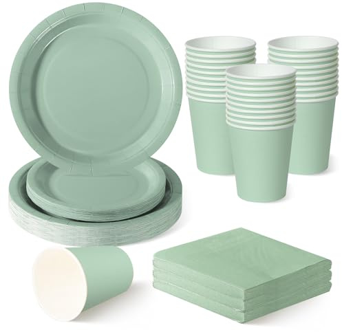 ZblPyro Set Stoviglie per Feste Verde Salvia (30 Ospiti), con Piatti carta Rotondi 23cm e 18cm, Bicchieri di carta, Tovaglioli, Per Feste Boho e Giardino