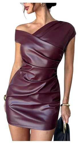 Floerns Women's PU Leather Ruched Mini Dress Asymmetrical Neck Date Night Bodycon Dresses Burgundy Large