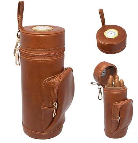 Humidor de puros de viaje cilíndrico de cuero con higrómetro y forro de madera de cedro, estuche portátil con cierre de cremallera, regalo personalizable para hombres (marrón)
