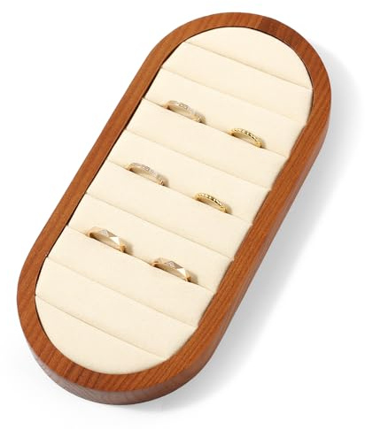 Oirlv Supporto per Anelli in Legno, Espositore Vassoio Portaanelli, Organizer Supporto per Orecchini (Bianco Crema)