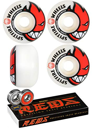 Spitfire 52mm Wheels Bighead White/Red Skateboard Wheels - 99a with Bones Bearings - 8mm Bones Reds Precision Skate Rated Skateboard Bearings (8) Pack - Bundle of 2 Items