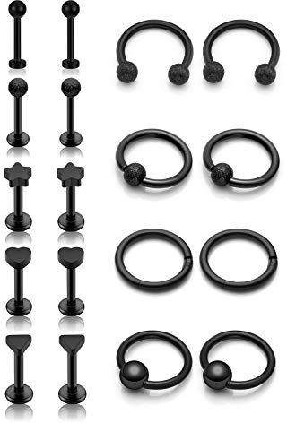 PiercingJak 18 Stk. Piercing Set, 1,2mm Edelstahl Ring + Labret Piercing Hufeisen Hoop Septum Unterlippe Kugel Piercing für Ohr Lippen Helix Tragus, Schwarz
