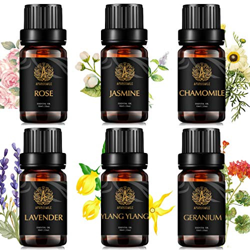 Therapeutic Grade Floral Essential Oil Set for Diffuser-Rose,Lavender,Jasmine,Geranium,Ylang Ylang,Chamomile Essential Oil,100% Pure Jasmine Essential Oil,6x10ml Aromatherapy Rose Oil Set for Diffuser
