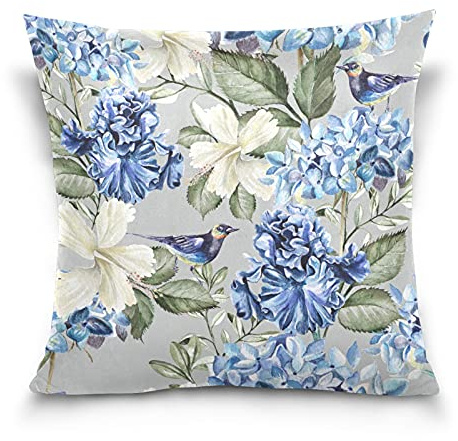Watercolor Bird Blue Hydrangea White Hibiscus Flowers Green Leaves Cotton Velvet Throw Pillow, Soft Breathable Bed Pillows, Pillowcase Sham Cushion Covers Twin Sides for Car Couch Bed 20x20 inches