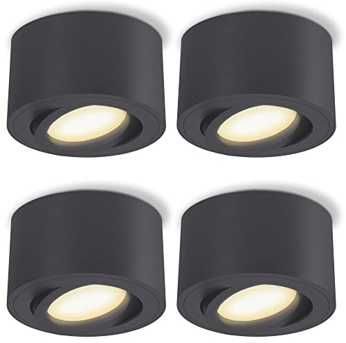 SSC-LUXon 4er Set CELI-1N Aufbauleuchte anthrazit rund inkl. LED Leuchtmittel - Deckenspot flach schwenkbar LED Modul 4W warmweiß 230V