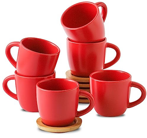 HASENSE 6 Ounce Espresso Cups with Saucers,Ceramic Cappuccino Cups with Handle for Double Shot, Latte, Cafe Mocha, Stackable Coffee Cups with Handle for Cafes, Home, Office, Red