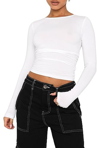 Kukeyiee Hauts décontractés pour Femmes Top Moulant pour Femmes T-Shirts Moulants à Manches Longues - Tops Basiques(White-8,M)