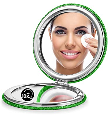 OMIRO Compact Mirror with 1x/10x Magnification, Round with PU Leather, Ultra-Portable for Purses and Travel (Glitter Green)