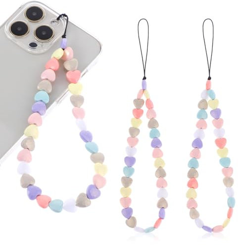 TIESOME Cadena para teléfono móvil, 2 unidades, diseño de corazón, estrella, perlas Kawaii, correa de mano para teléfono móvil, correas antipérdidas, correa de perlas coloridas, cadena de teléfono
