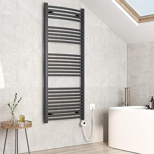 EMKE Elektrischer Handtuchheizkörper 140 x 60 cm, Gebogen Badheizkörper Elektrisch mit Thermostat Handtuchwärmer Handtuchtrockner Elektrischer Handtuchhalter mit Heizstab Anthrazit 600 Watt