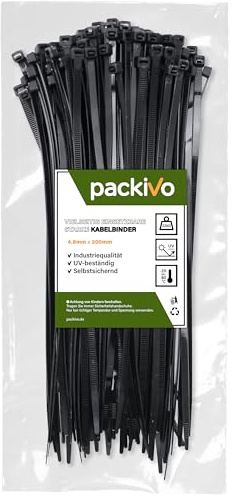 packivo buntband 4,8 x 200 mm svart – extra starkt, slitstarkt och UV-beständig – 22 kg dragkraft för kabelhantering och industri – 100 stycken