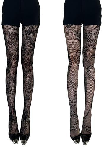 DALAETUS 2 Paia Collant Donna a Rete, Nero Collant Donna Serpente e Calze a Rete Motivo - Pizzo, Trasparente, Alla Moda - Ideale per Feste, Cosplay, Uso Quotidiano, Festival