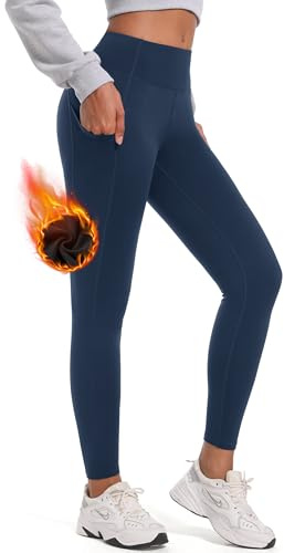 MOVE BEYOND Thermo Leggings Damen 66CM Winter Gefüttert Wanderleggings mit Taschen Hohe Taille Blickdicht Strumpfhose für Sport, Blau, Medium