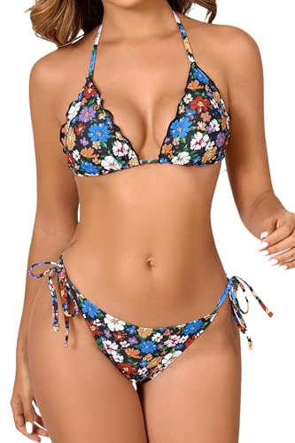 JOYBIK Women's Two Piece Sexy Bikini Swimsuit Triangle Halter Top with Tie Side Bottom String Bikini Sets Colorful Daisy S