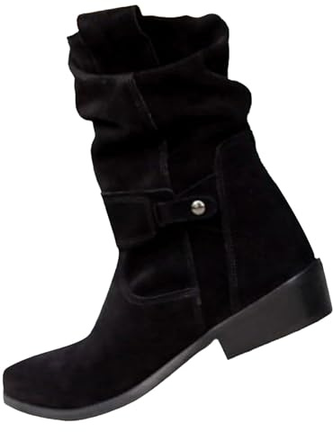 Slouch Mid Calf Flat Boots for Women UK 6 Clearance Low Heeled Flats Boots Mid Calf Boots Women Suede Slip On Casual Boots with Side Zipper Pull on Slouchy Flat Boots Black