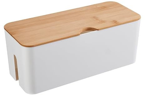 Boîte de rangement pour câbles avec couvercle en bambou, organisateur de gestion des câbles, boîte de rangement pour cacher les câbles, organiser le câblage d'ordinateur, 32 x 13,5 x 12,5 cm, blanc