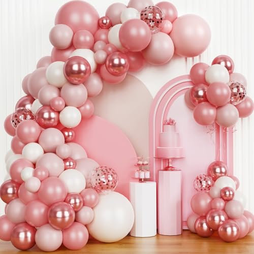 147pcs Pink Balloon Garland Arch Kit, Rose Gold Pink White Metallic Confetti Balloons Decorations for Girl Women Baby Shower Birthday Boho Party Decorations