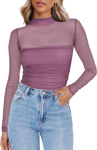 Zeagoo Top Donna in Maglia Trasparente con Rete, T-shirt a Maniche Lunghe, Sexy, per Feste, Slim Fit, Clubwear, Lilla, S