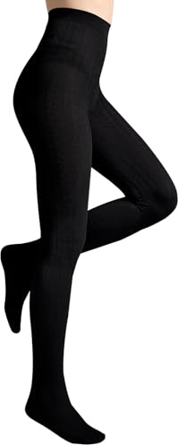 Aaronano Cable Knit Tights for Women Soft Opaque Winter Warm Tights Black L
