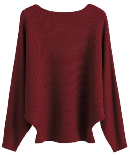 Cegerne Suéter Mujer Manga Murciélago Elegante Oversize Jersey de Manga Larga Sudadera de Punto Top Batwing Knitted Sweater, Rojo Vino-