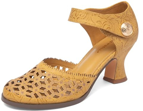 NEWBELLA Women’s Mary Janes Vintage Pumps with Adjustable Ankle Strap & Embossed Cutou Design, Comfortable Flared Heels for Casual & Dressy Yellow