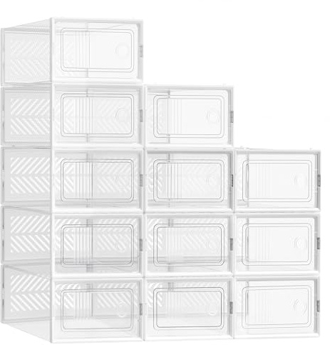 SONGMICS Stackable Shoe Boxes, Foldable Shoe Storage Organizers, Ventilated, for Max. Men's Shoes US Size 9 or Women's Shoes US Size 11, Sneakers, Set of 12, Transparent and White ULSP106W12V2