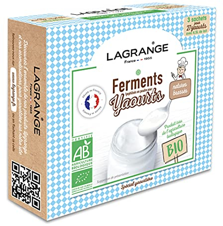 LAGRANGE, Ferment yaourt BIO, Nature, Fabrication française, 3 sachets de 12g chacun, 1 sachet de ferment pour 1.5L de lait, 385001