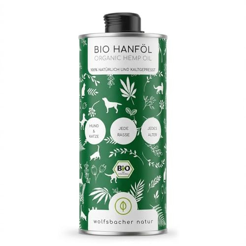 Olio di Canapa Biologico per Cani e Gatti 1 Litro I 100% Naturale e Spremuto a Freddo - Supporto per Pelo & Pelle con Omega 3-6-9, Calmante per Cani - DE-ÖKO-060