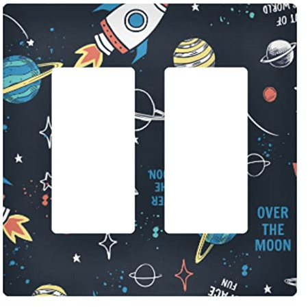 Space Doodle Cartoon Space Rockets, Planets, Stars, Moon, Slogans 2 Double Gangs Rocker Print Toggle Wall Plate, Switch Plate Cover for Living Room Bedroom Bathroom Office and School