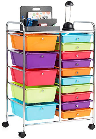 GiantexUK 15 Drawers Rolling Trolley, Utility Storage Organizer Cart with Wheels, Home Office Hairdressing Salon Shelving Organizer Unit (Multicolour)
